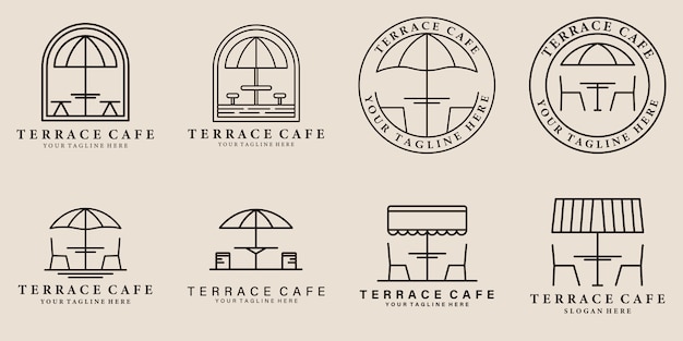 Vier Logos für ein Terrassencafé, darunter ein Tisch und Stühle.