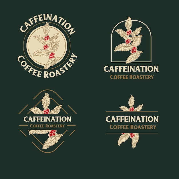 Vier Logos für Koffeinkaffeeröster auf dunklem Hintergrund