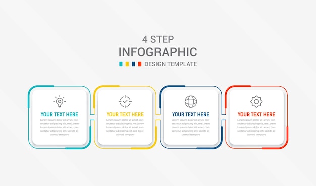 Vier Schritte Infographische Elemente Design Vektorvorlage für Präsentationsprozess Diagramm und Präsentationen Schritt Workflow Layout Banner Flow Chart Info grafische Vektor-Illustration