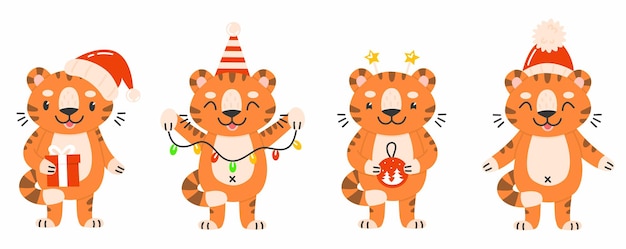 Vier tiger mit christams dekorationen illustration auf weißem hintergrund