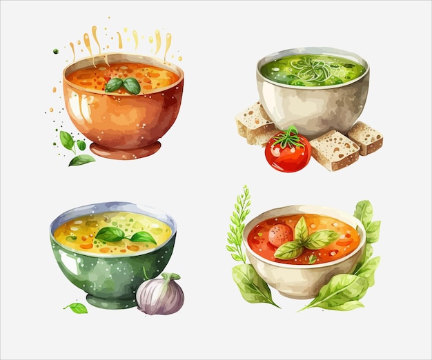 Vier verschiedene Schalen Suppen mit verschiedenen Zutaten, darunter Tomaten, Basilikum, Basilikum und Basilikum.
