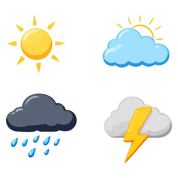 Vier Wetter-Ikonen, die sonnige, bewölkte, regnerische und stürmische Bedingungen darstellen