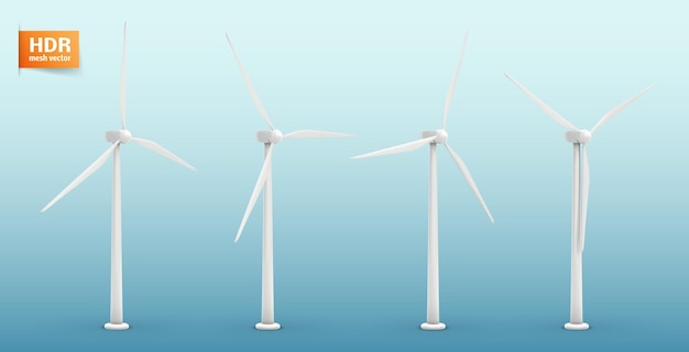 Vier Windkraftanlagen. Satz von Bildern. Konzept natürliche Energie