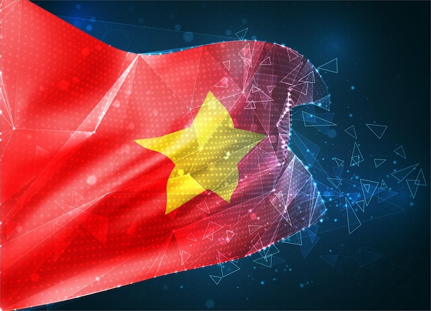 Vietnam, vektor-3d-flagge auf blauem hintergrund mit hud-schnittstellen