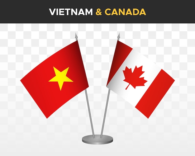Vietnam vs. kanada schreibtischflaggen mockup isolierte 3d-vektorillustration vietnamesische tischflaggen