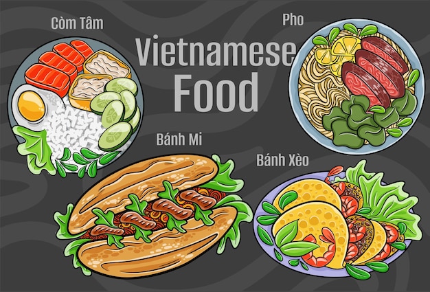 Vietnamesisches Essen Eine Reihe klassischer Gerichte Cartoon handgezeichnete Illustration