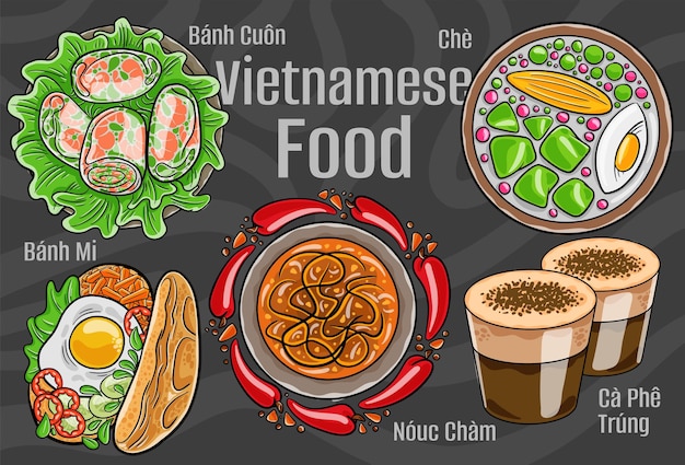 Vietnamesisches Essen Eine Reihe klassischer Gerichte Cartoon handgezeichnete Illustration