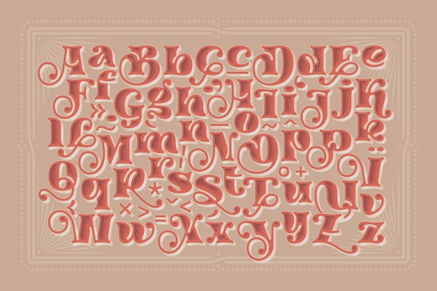 Vektor vintage-alphabet-set mit extrudiertem vektor-effekt und dekorativen designelementen