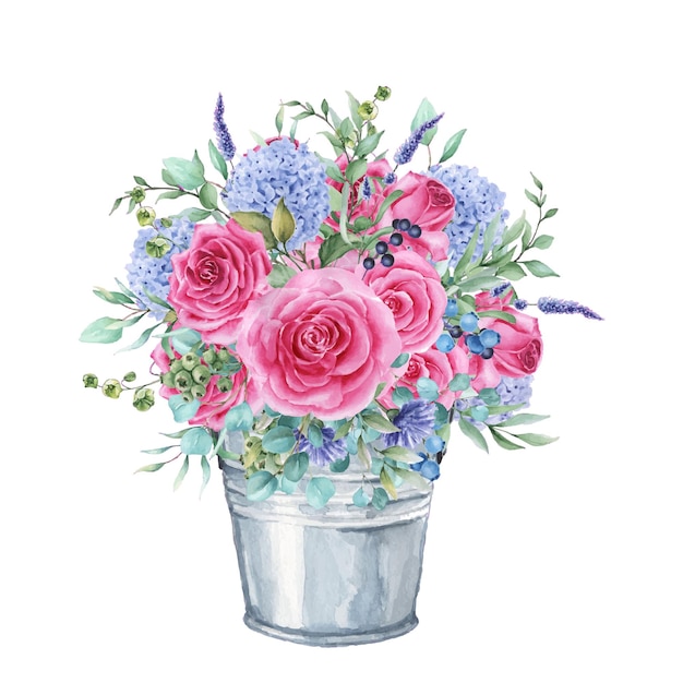 Vintage-Aquarell-Garteneimer mit Blumenstrauß. Vintage-Illustration für Design-Druckkarte