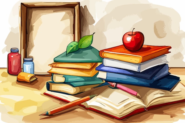 Vintage-bücherstapel und schulbedarf, aquarell handgemaltes schulkonzept-illustrationsbuch