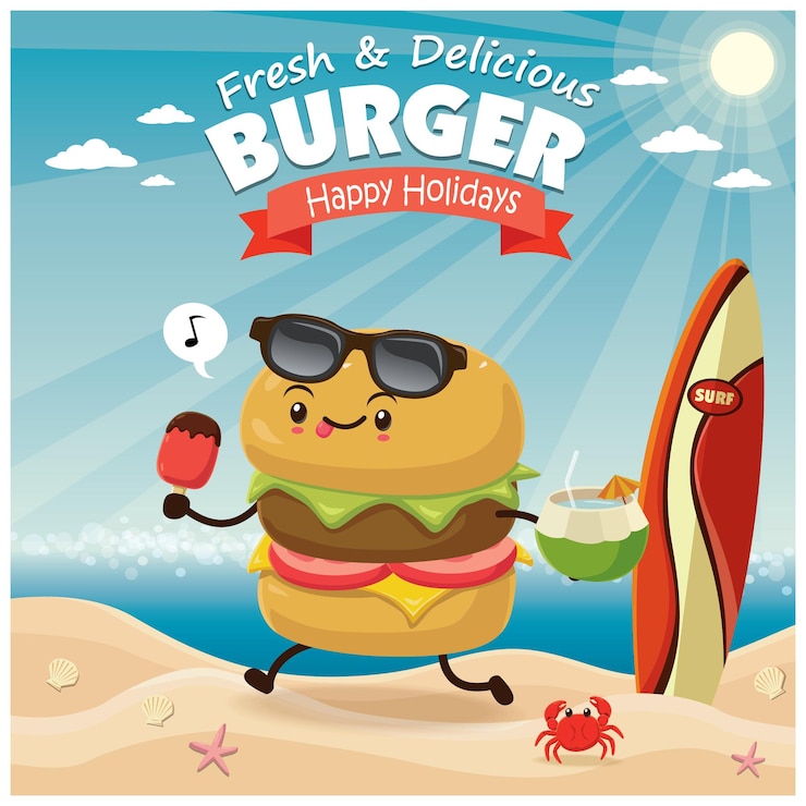Vektor vintage-burger-plakat-stranddesign mit burger-charakter