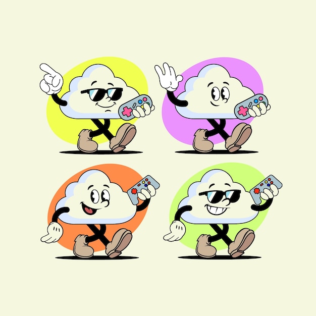 Vintage cartoon cloud gaming service mascot holding