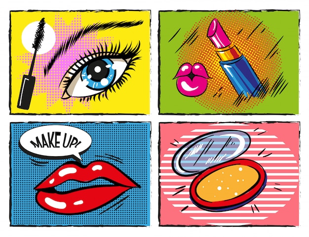 Vektor vintage comic-pop-art-make-up und kosmetische elemente