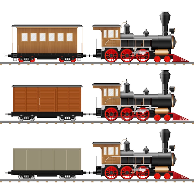 Vintage dampflokomotive und wagenillustration isoliert