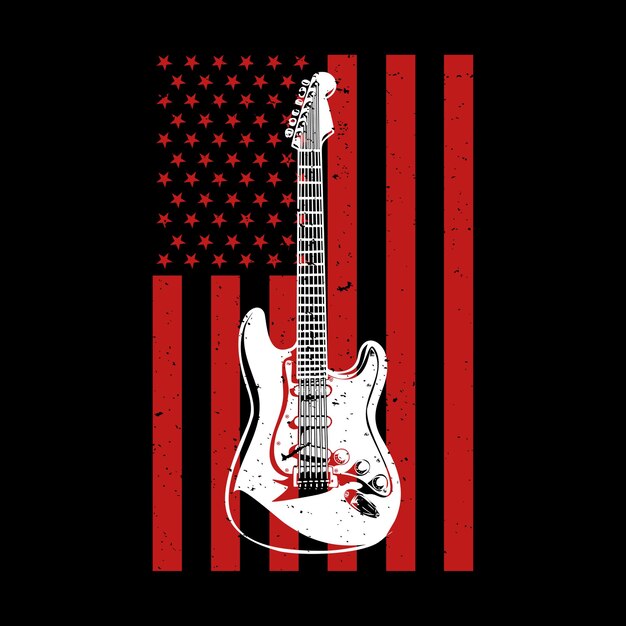 Vintage-design-gitarre mit amerika-flagge hintergrund vintage illustration