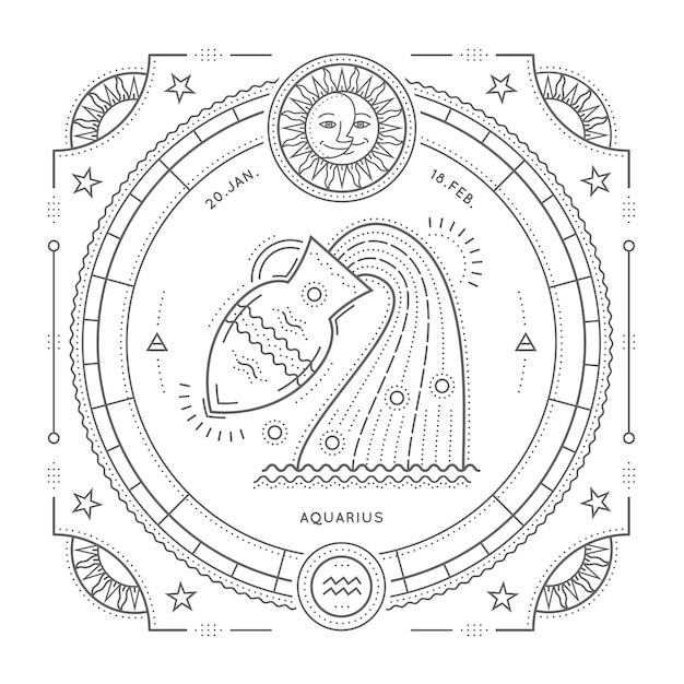 Vintage dünne linie wassermann sternzeichen etikett. retro astrologisches symbol, mystisches, heiliges geometrieelement, emblem, logo. strichkonturillustration. auf weißem hintergrund.