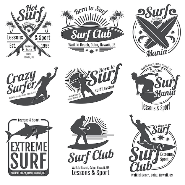 Vektor vintage embleme des surfclubs. surfbrett auf wellenzeichen