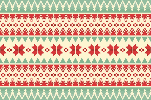 Vintage ethnische nahtlose muster der frohen weihnachten verziert mit grünen bäumen und roten blumen. design für hintergrund, tapete, stoff, teppich, webbanner, geschenkpapier. stickstil. vektor.