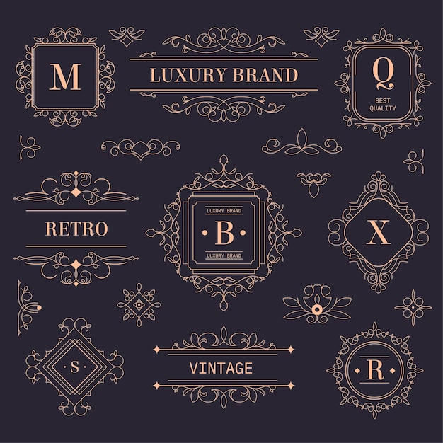 Vintage-Etiketten oder Embleme, goldene Logos mit Vintage-Ornamenten und blühendem Design