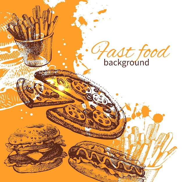 Vintage-fast-food-hintergrund. handgezeichnete abbildung