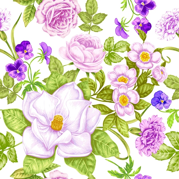 Vintage floral background seamless pattern mit gartenblumen magnolia rosen stiefmütterchen pfingstrose vektor