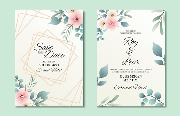 Vintage floral hochzeitseinladung oder save the date kartenvorlage mit handgezeichnetem blattrahmen