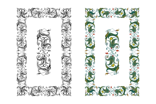 Vintage floral klassische kalligraphische retro-vignette scroll rahmen dekorative design-elemente schwarz und farbsatz isolierter vektor