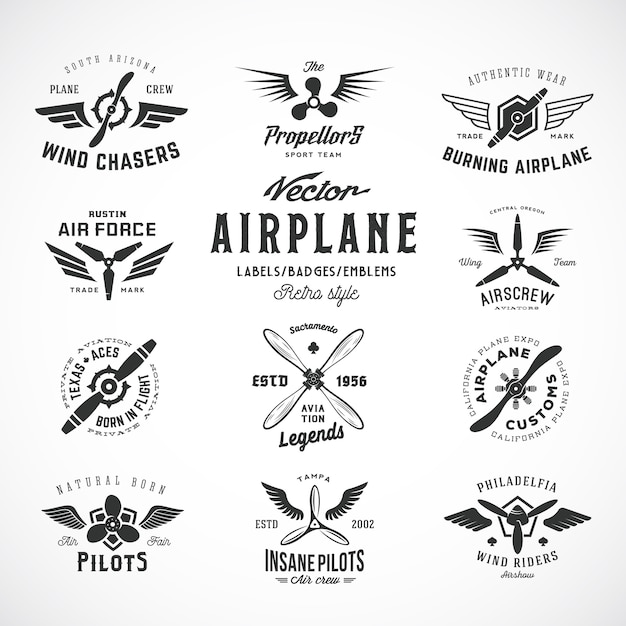 Vintage flugzeug etiketten set mit retro typografie isoliert