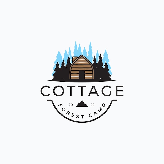 Vektor vintage forest cottage logo vektor illustration design ferienhaus in den bergen auf waldhintergrund