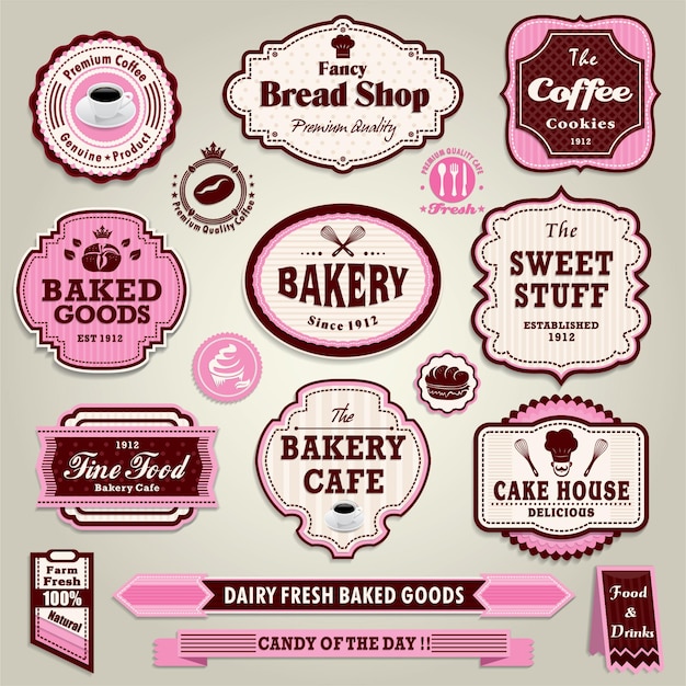 Vintage frame cupcake, bäckerei, brot, sandwich-label-set