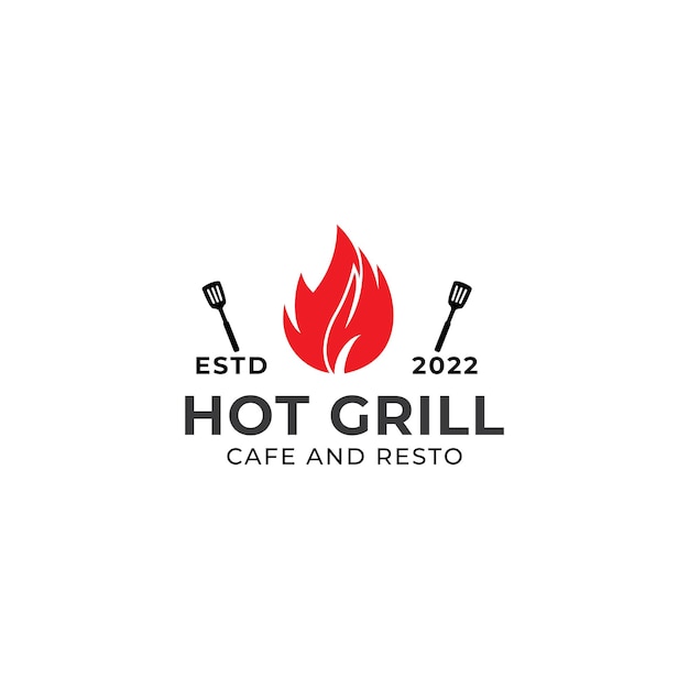 Vintage gegrilltes barbecue-logo retro-bbq-vektorfeuer grillgerichte und restaurantsymbol symbol für rotes feuer