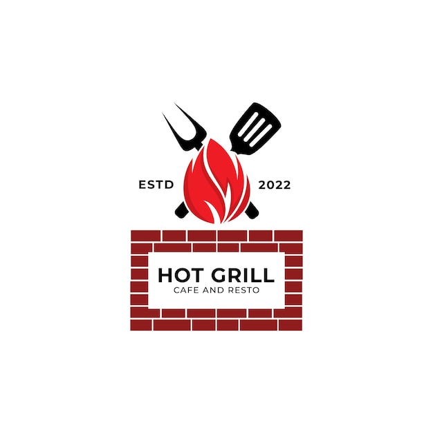 Vintage gegrilltes barbecue-logo retro-bbq-vektorfeuer grillgerichte und restaurantsymbol symbol für rotes feuer