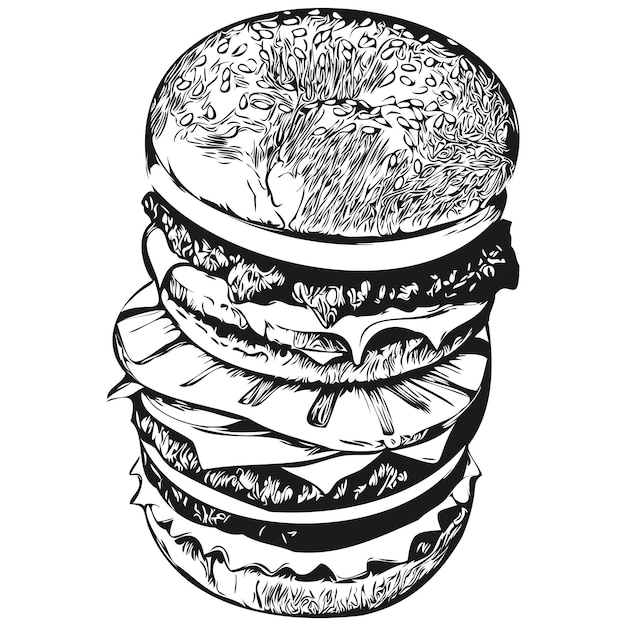 Vintage-Gravur, isolierte Burger-Illustration, geschnittene Tintenskizze, Hamburger