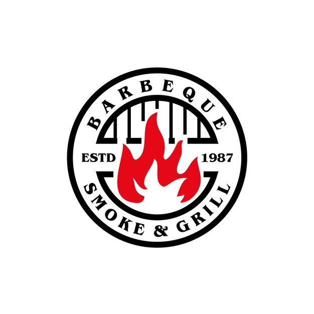Vintage grill barbeque barbecue bbq mit gekreuzter gabel und feuerflamme logo design illustration