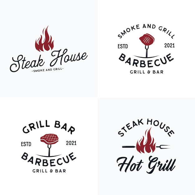 Vintage grill barbeque barbecue mit gekreuzter gabel und feuerflamme logo design