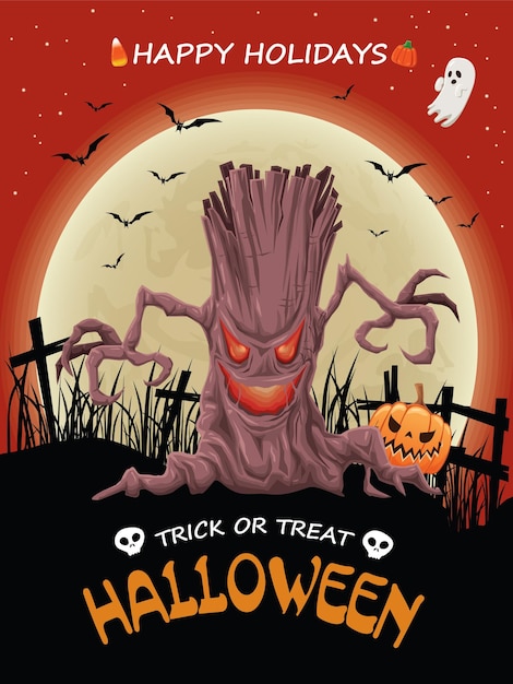 Vektor vintage-halloween-plakatdesign mit vektor-baummonster-charakter