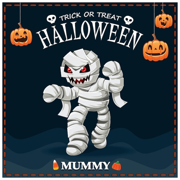Vintage-Halloween-Plakatdesign mit Vektor-Mumienfigur