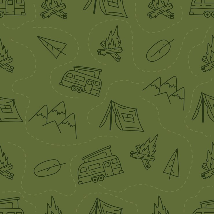 Vintage Hand Camping nahtlose Muster mit Retro-Camper, Zelt und Bergen Elementen gezeichnet. Abenteuer-Silhouette-Liniengrafiken. Stock Vektorgrafik Wandern linearen Hintergrund.