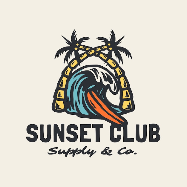 Vintage Hand Draw Surfing Club Label Illustration