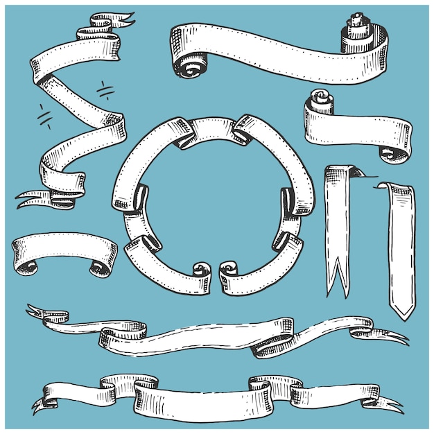 Vintage hand gezeichnete bandfahne oder fahnenelement für buch oder anderes alt aussehendes design. graviert