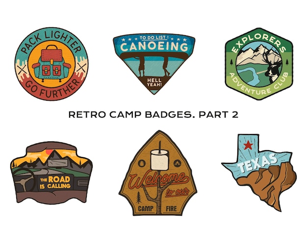 Vintage handgezeichnete reiseabzeichen gesetzt. camping-etiketten-konzepte. logodesigns für bergexpeditionen. outdoor-wanderembleme. sammlung von camp-logos. vektor-patches isoliert.