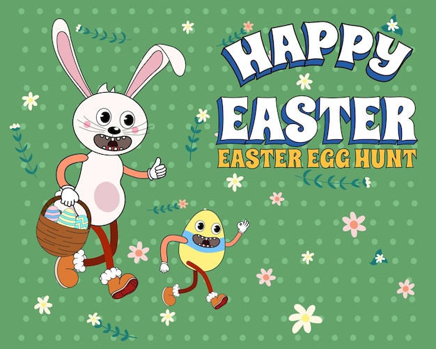 Vektor vintage happy easter groovy cartoon banner retro lustiges kaninchen mit ei ostereier jagd