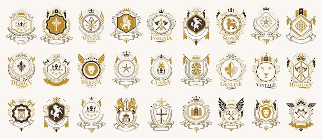 Vintage heraldische Embleme Vektor großer Satz, antike heraldische symbolische Abzeichen und Auszeichnungssammlung, Designelemente im klassischen Stil, Familienembleme.
