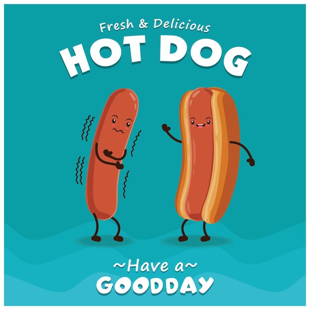 Vektor vintage hot-dog-plakatdesign mit vektor-hot-dog-charakter