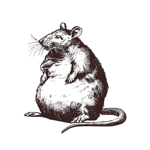 Vintage-Illustration einer sitzenden fetten Ratte, eine Oldschool-Zeichnung einer fetten Maus-Vektorskizze