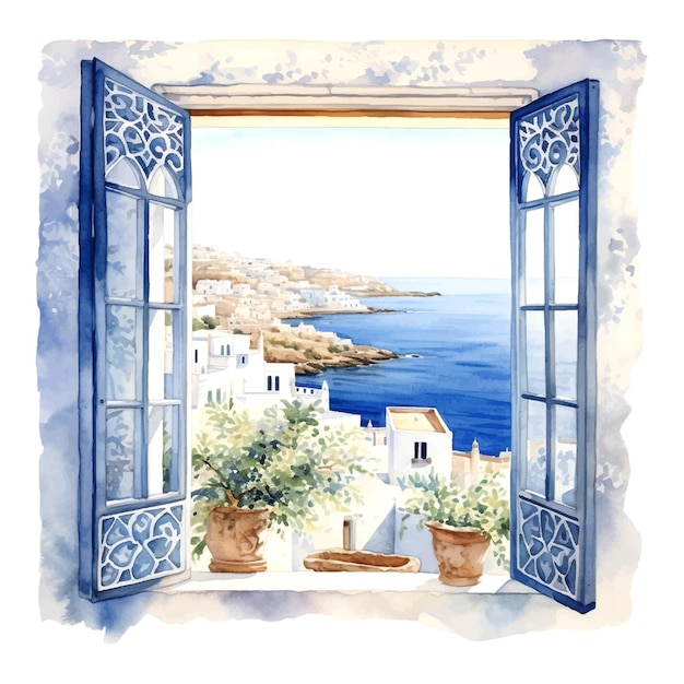 Vintage-Illustration mit blauem Fenster-Meer-Griechenland-Aquarell