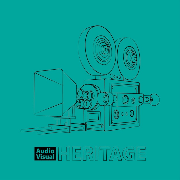 Vektor vintage-kamera mit filmrolle im linienkunstdesign für audiovisuelles erbe-tag-design