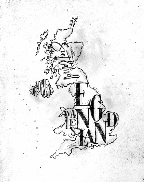 Vintage karte des vereinigten königreichs mit regionen inschrift schottland nordirland england wales
