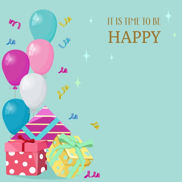 Vintage-Karte für Ihren Text, geschmückt mit Ballons, Geschenke auf türkisfarbenem Hintergrund