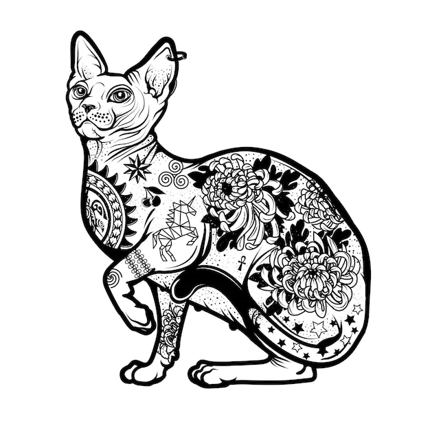 Vintage katze tattoo-design. isolierte vektor-illustration.